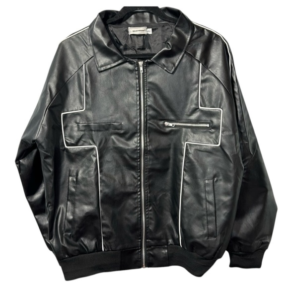 Jiechaofang Other - Jiechaofang Black‎ with White Piping Faux Leather Jacket in Size XL